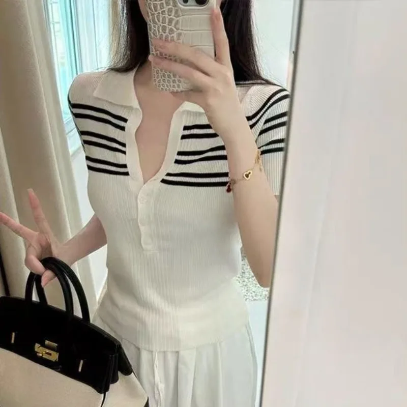 

Korean Stripe Half Open Collar Short Sleeve Knited T-shirt Summer White Simple Slim-fit Polo Shirt Tees Women's Casual Chic Tops