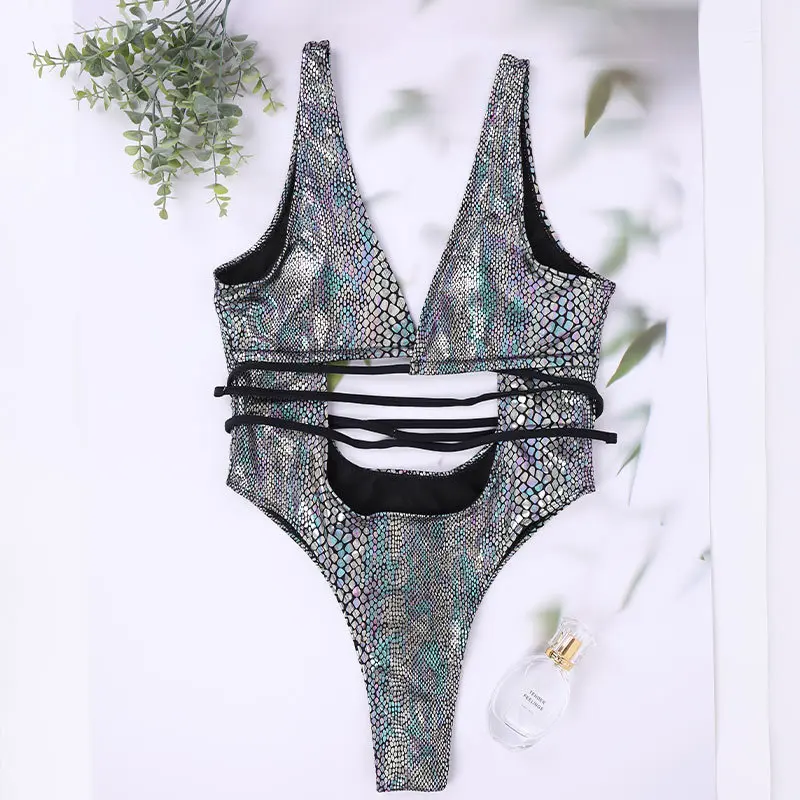 Sexy V Neck One Piece Swimsuit Women Cut Out Monokini Swimwear Sequin Silver Gold Color Snakeskin Bodysuit Bathing Suit 2023