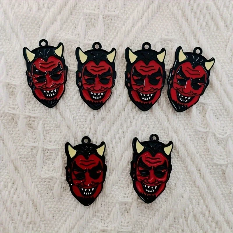 10pcs retro style Halloween red faced horn doll enamel pendant, used to make earrings, necklaces, keychains, daily and party ite