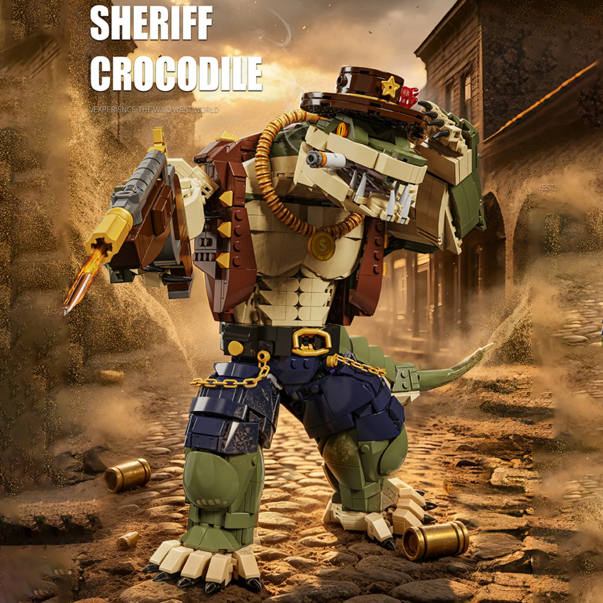 1622pcs Sheriff Crocodile Building Blocks Desktop Ornament Wild West Town Alligator Sheriff Model Bricks Toys for Adults Gifts