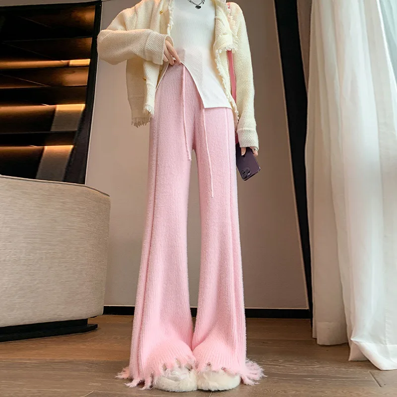 Fashion Women Tassel Knitting Pants Wide Leg Pants Wool High Waist Straight Pants Casual Loose Soft Drawstring Trousers