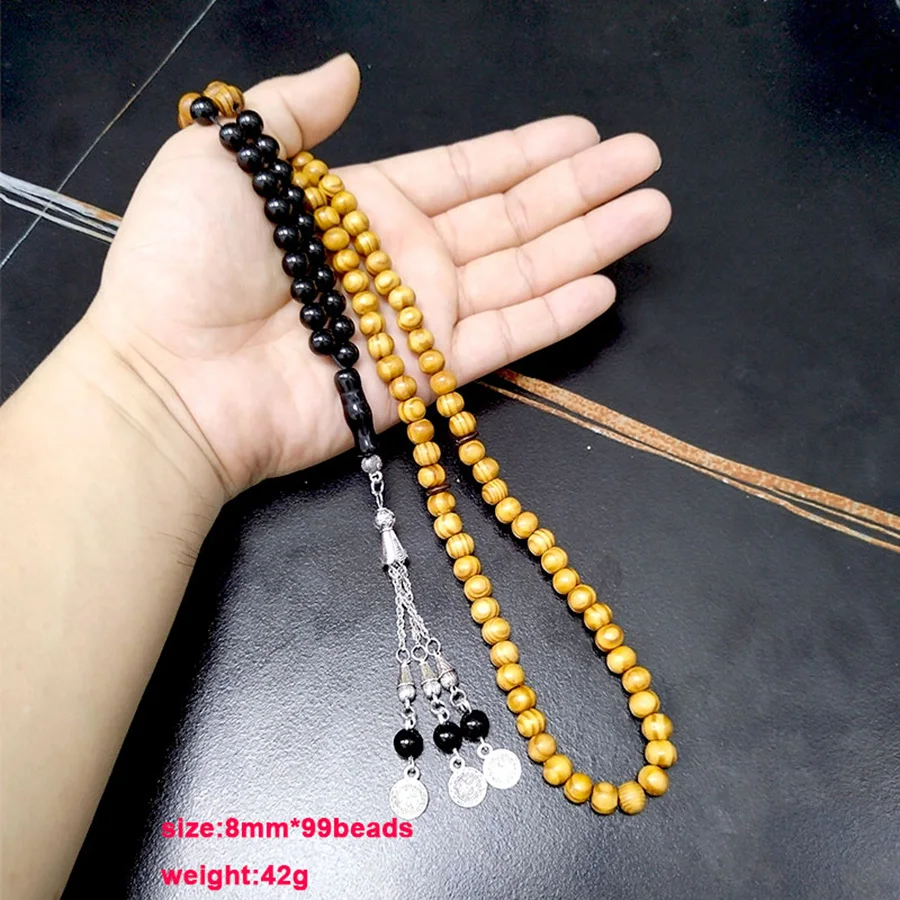 Tasbih Natural Beech Wood with Onyx 99/100 Beads misbaha Muslim Prayer Beads Ramadan Eid Gift