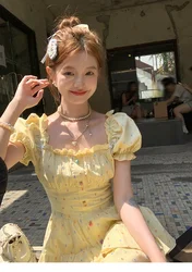 High Quality Hot Selling Yellow Square Neck Bubble Sleeve Polka Dot Dress Women French Sweet Waist Cinching Dress Vestido Y2k
