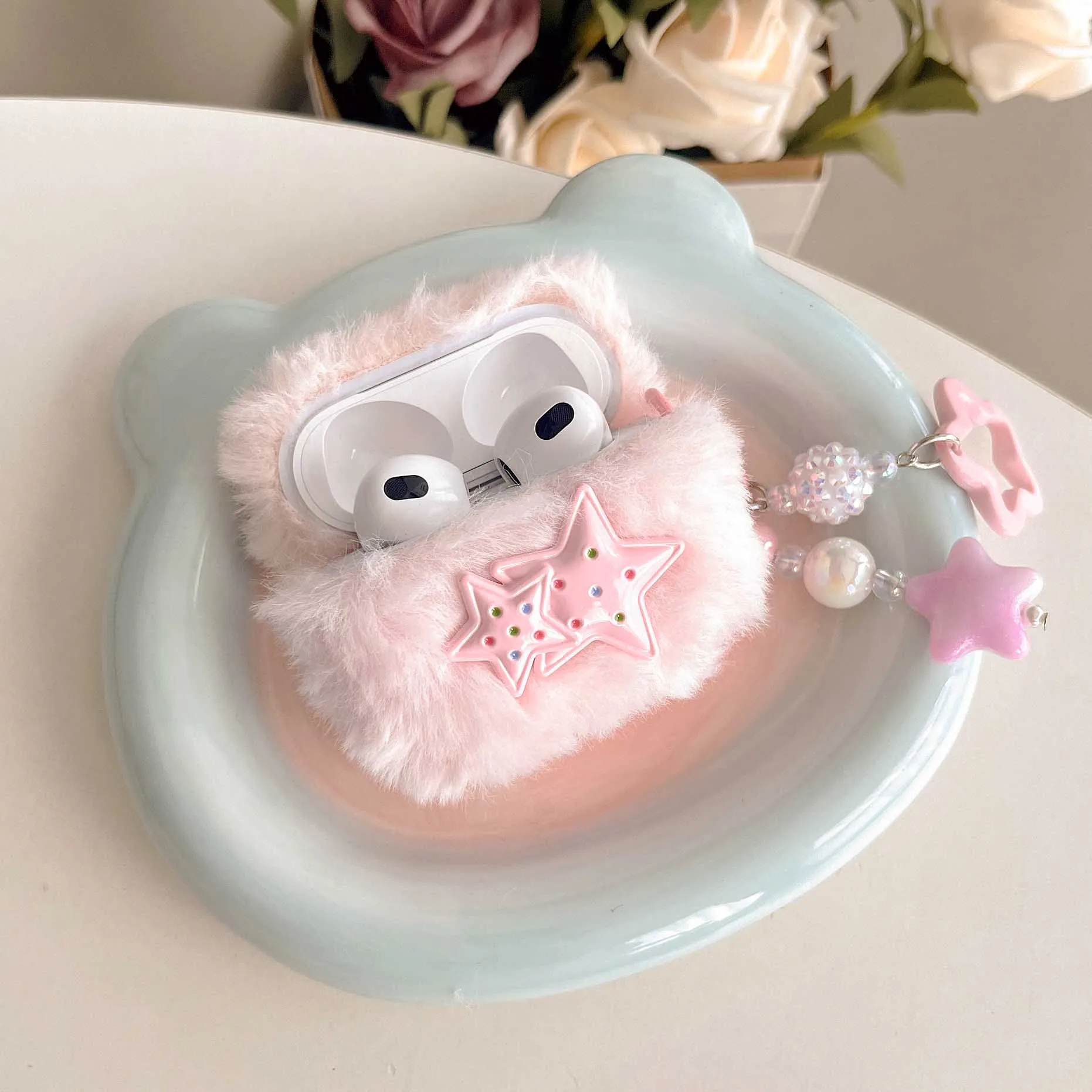 Pink cute stars ins hair plush earphone cas for apple airpods 1 2 pro 3 pro2nd 3d five-pointed star barcelet protector fundas image 2