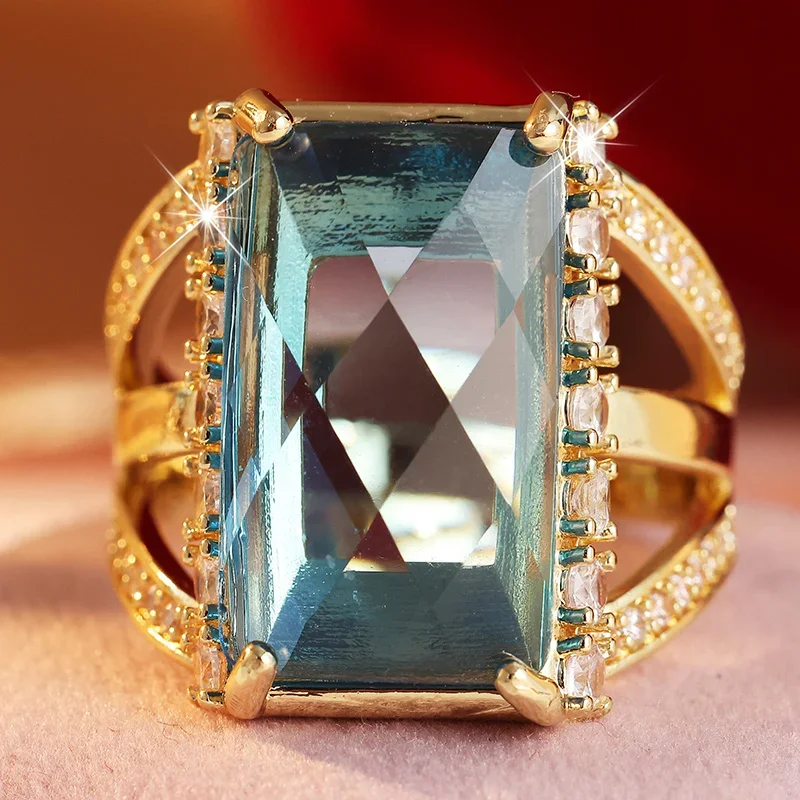 Hollow Out Rectangular Wide Face Ring For Women Inlaid Sea Blue Synthetic Zircon Shinny Ring Luxurious Elegant Jewelry Accessory