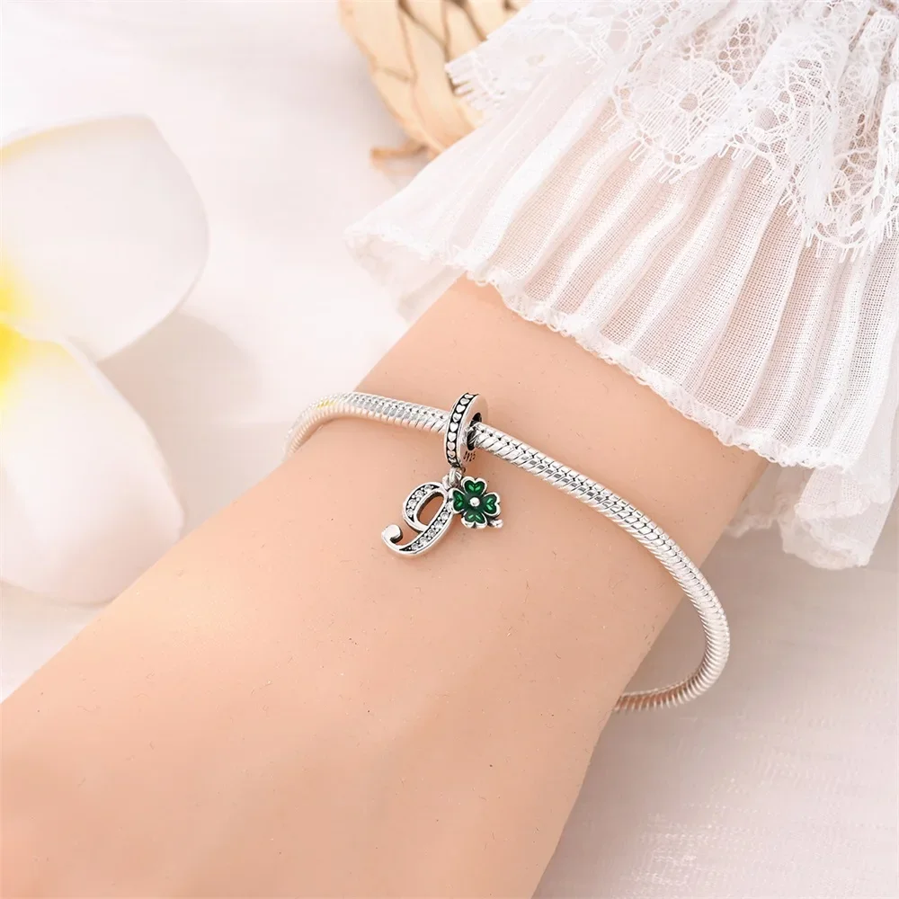 

S925 Silver Original Digital Pendant Heart Pink Zircon Stone Four Leaf Clover Charm Beads Fit Bracelet Women Diy Gift Accessory