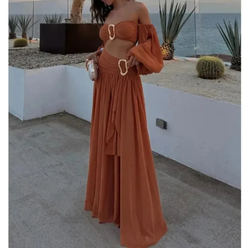 Women Sexy Pleated Crop Top Split Skirt Set Lantern Sleeve Off Shoulder Bust Wrap Top Dress Suit New Lady Holiday Party Outfit