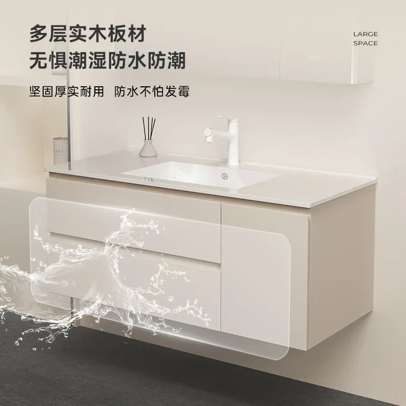 

Cream wind ceramic integrated basin multi-layer solid wood bathroom cabinet combination bathroom washstand fac