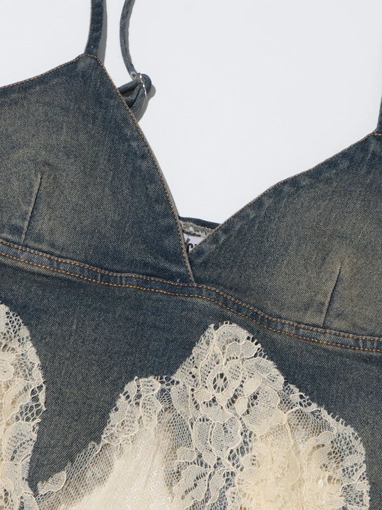 GALCAUR-Ensemble deux pièces en denim pour femme, col en V, jean taille haute, dentelle épissée, nouvelle collection été