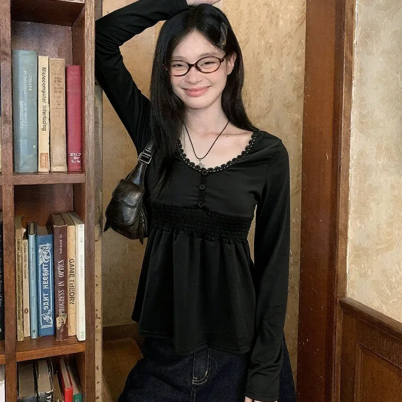 Ladies Long Sleeve V Neck Sexy Lace Stitching Top Button Front Lace Edge Shirred Waist Flare Sleeve Casual Daily Casual Blouse
