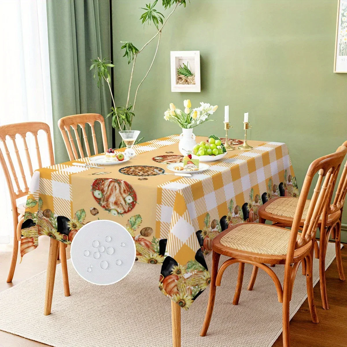Thanksgiving Day, pumpkin, turkey, geometric checkered tablecloth, waterproof, dust-proof, stain-resistant and easy to cleanxzj