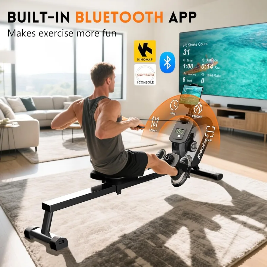 آلة التجديف المغناطيسية عالية الأداء للياقة البدنية المنزلية مع اتصال التطبيق وشاشة LCD تدعم حامل الكمبيوتر اللوحي مثالي لـ