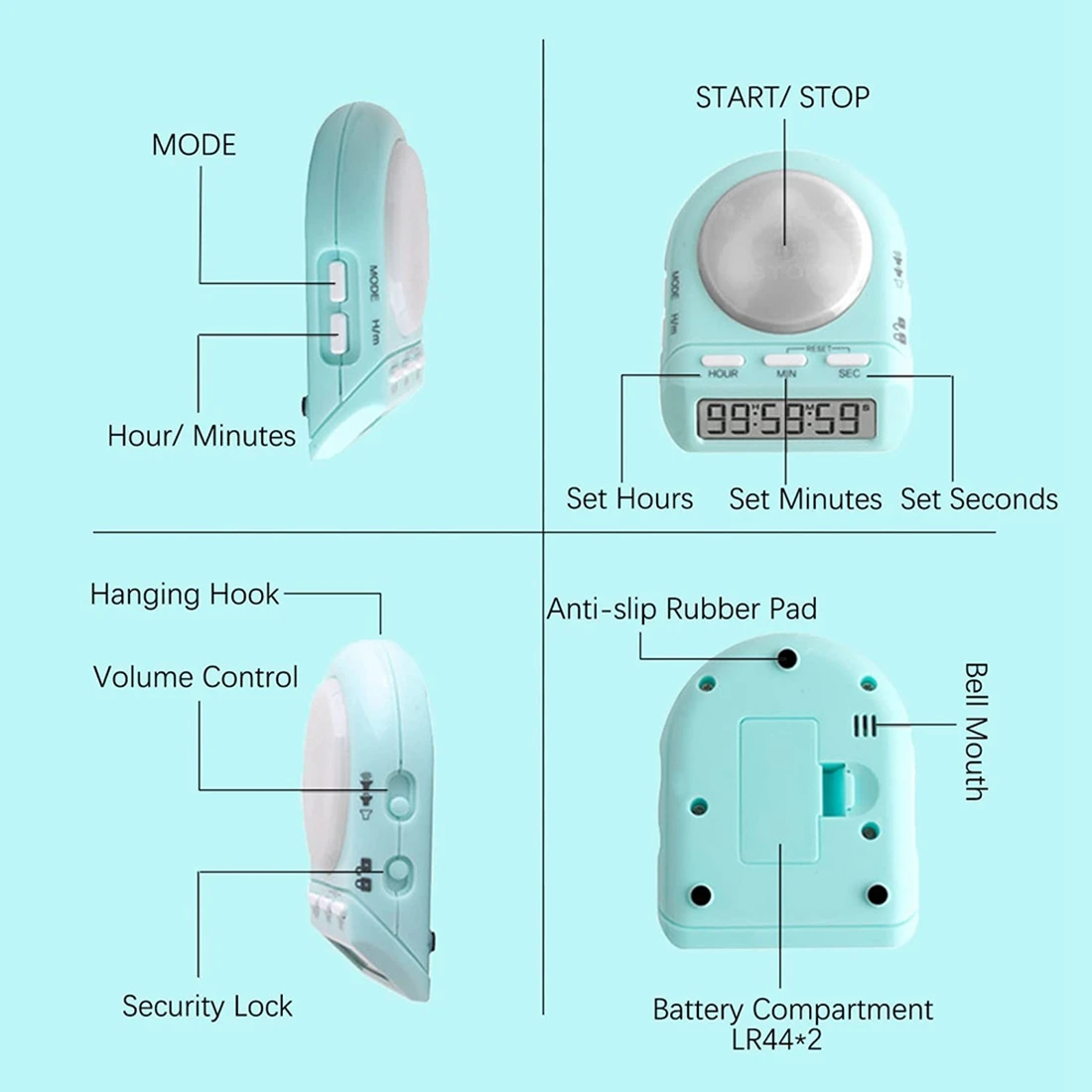 Temporizador de Cocina Digital con reloj de 100 horas de Cuenta Regresiva para niños, maestro y cocinero, pantalla LCD de 45 ° y bloqueo de seguridad, gestión del tiempo