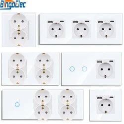 Touch Light Switch With EU Wall Double Socket Home Wall Switches 1/2/3Gang 1Way USB Wall Sockets Backlight Crystal Glass Panel