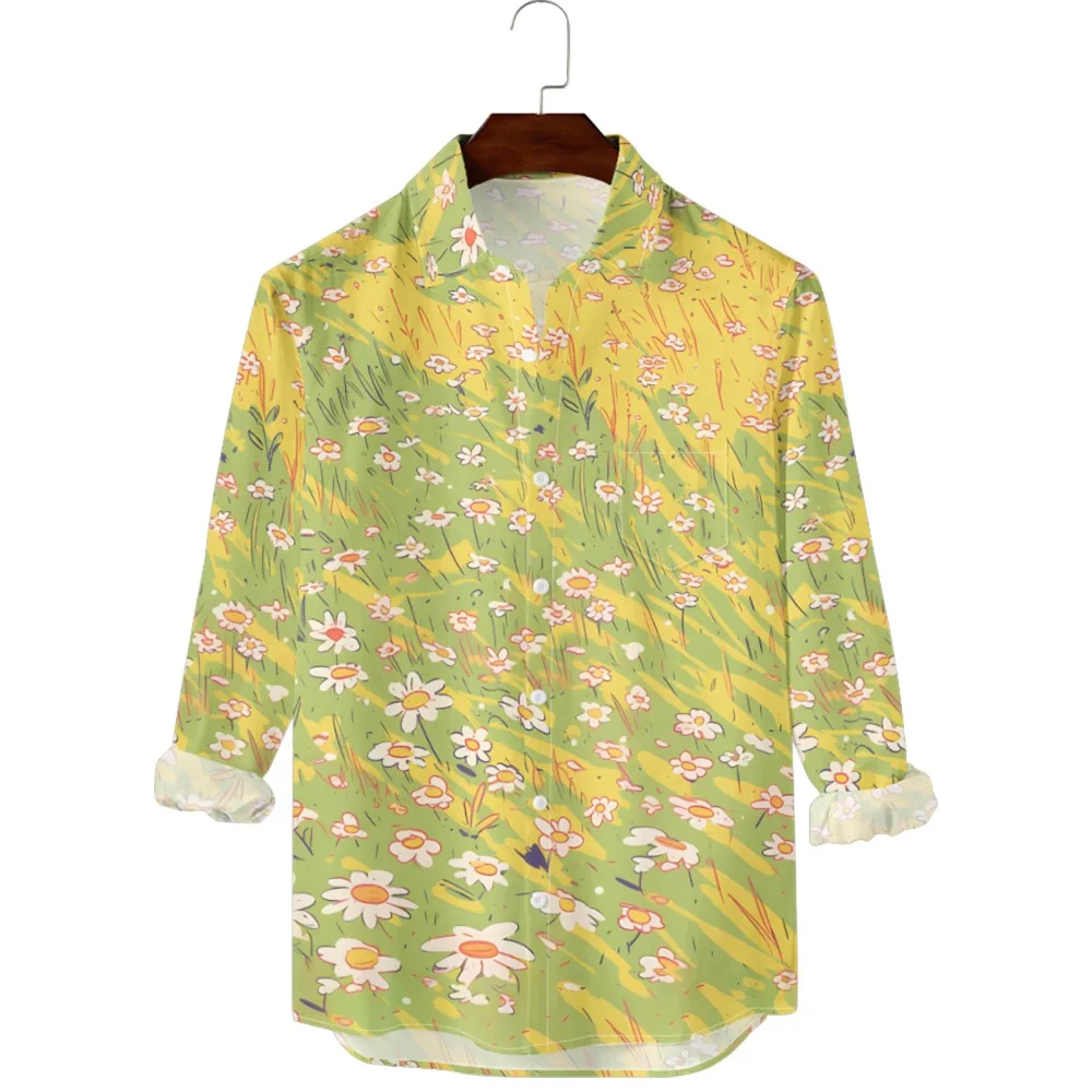 Hawaiian Button Up Shirts Flower Daisy Chartreuse Green Printed Full Sleeve Casual Men Vacay Beach Parties Travel Poolside Shirt