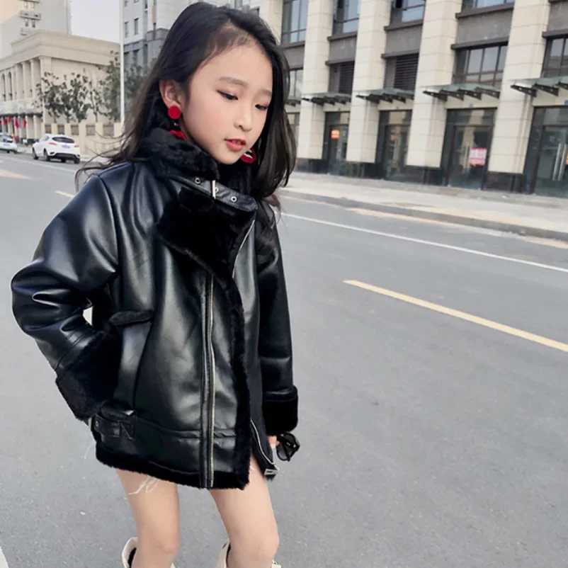 Girls Jacket Leather Motorcycle Kids Coats Fleece Children Jacket Winter Autumn