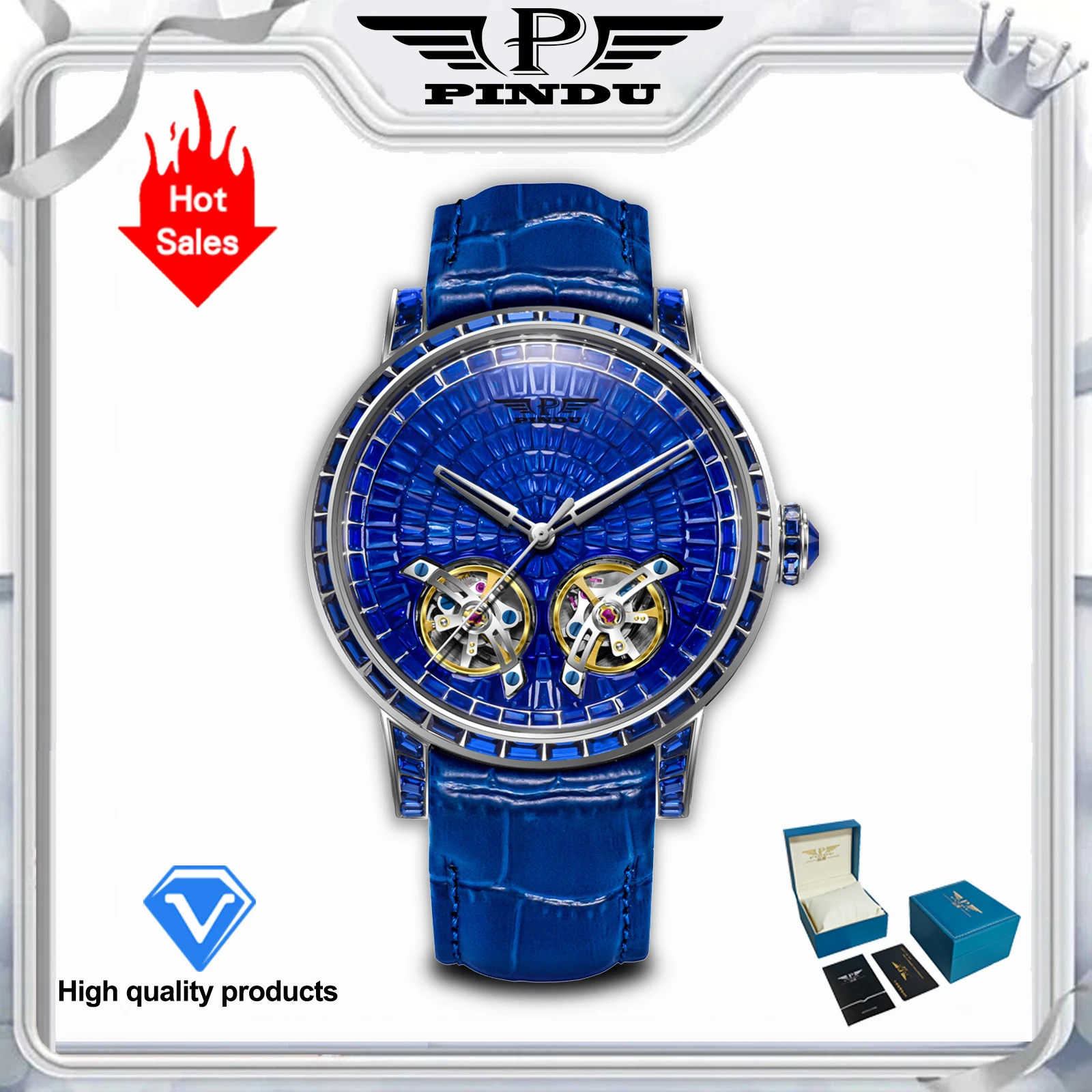 2026 PINDU Design New Double Flying Wheel Mechanical Watch Men Top Luxury Watch Sapphire Glass Waterproof Diamond Watch Leather image 3