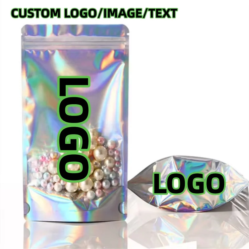 

100Pcs Laser Holographic Stand Up Pouches, Clear Front Resealable Mylar Bags for Coffee, Snacks, Candy, Dried Fruits & Powder St
