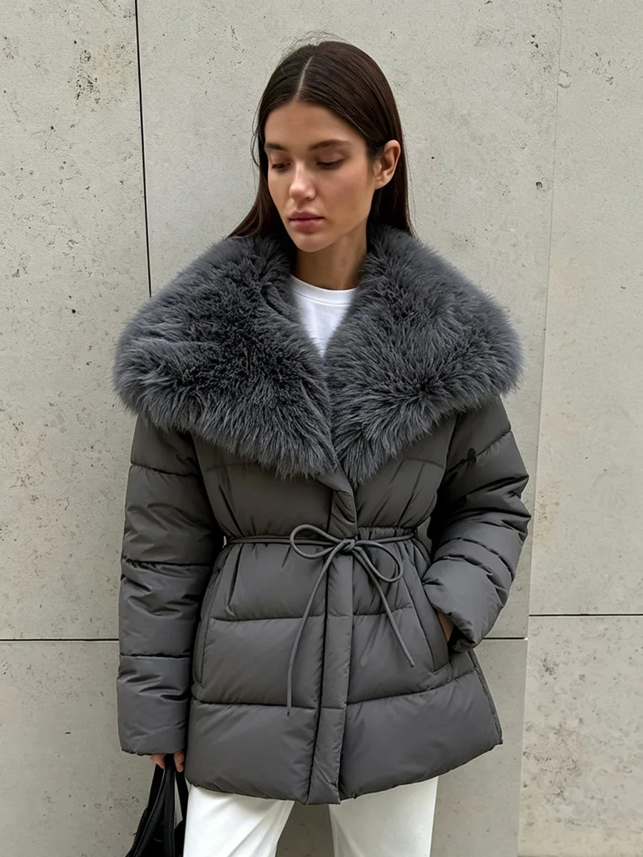 2026 Autumn Winter Women Medium Long Cotton Coat Big Furry Fur Collar Lace‑Up Belted Waist Parka Warm Thick Windproof Outerwear