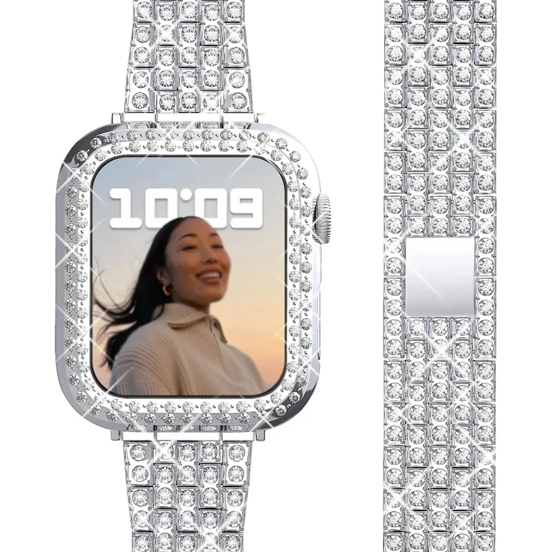 

Diamond Metal Strap For Apple Watch Ultra 2 49mm 38mm 40 41mm 45mm 44mm 42mm Women Bracelet For Iwatch 9 8 7 SE Protective Case