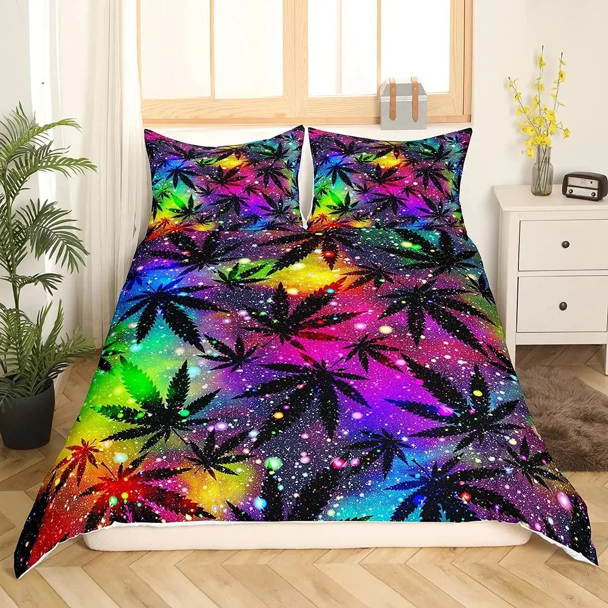 Trippy Marijuana Leaf Duvet Cover Set Bohemian Blue Purple Mandala Bedding Set Boho Green Cannabis Leaves Comforter Cover Queen