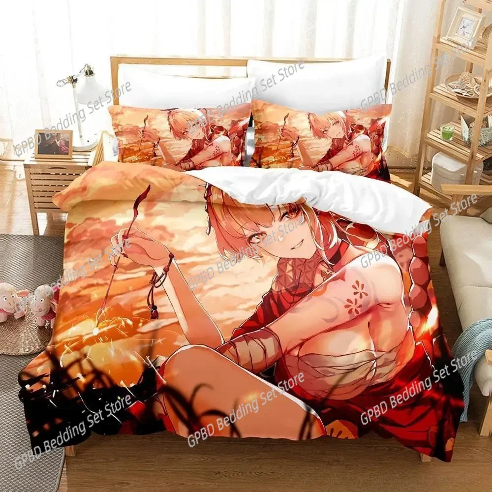 

New Anime Genshin Impact Yoimiya Comfortable Duvet Quilt Cover Pillowcase Bedding Set Children Bedroom Decoration Home Textile