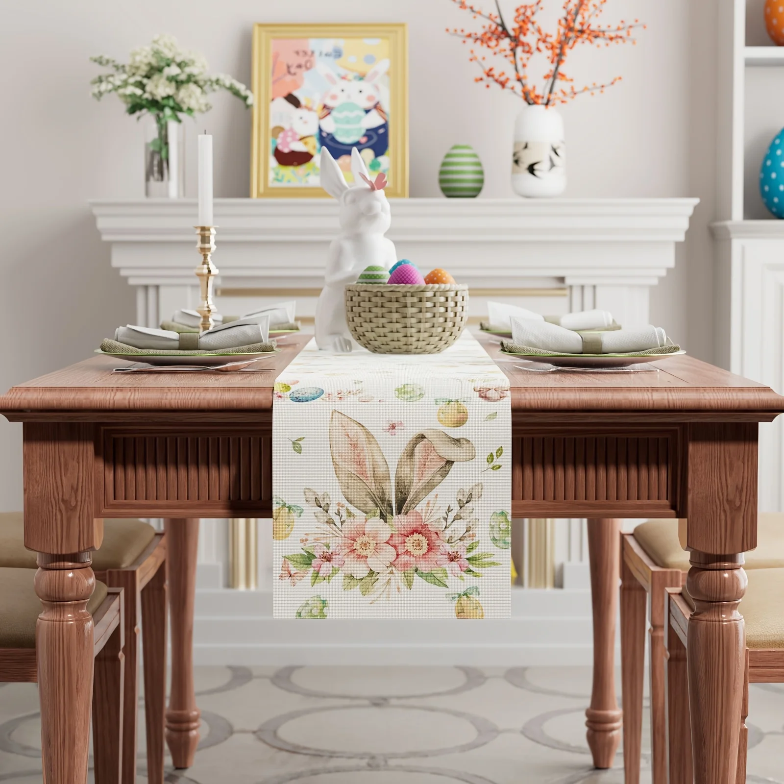 Easter Bunny Colorful Eggs Floral Linen Table Runner Holiday Party Decor Spring Flowers Leaves Table Runners Dresser Scarf Decor