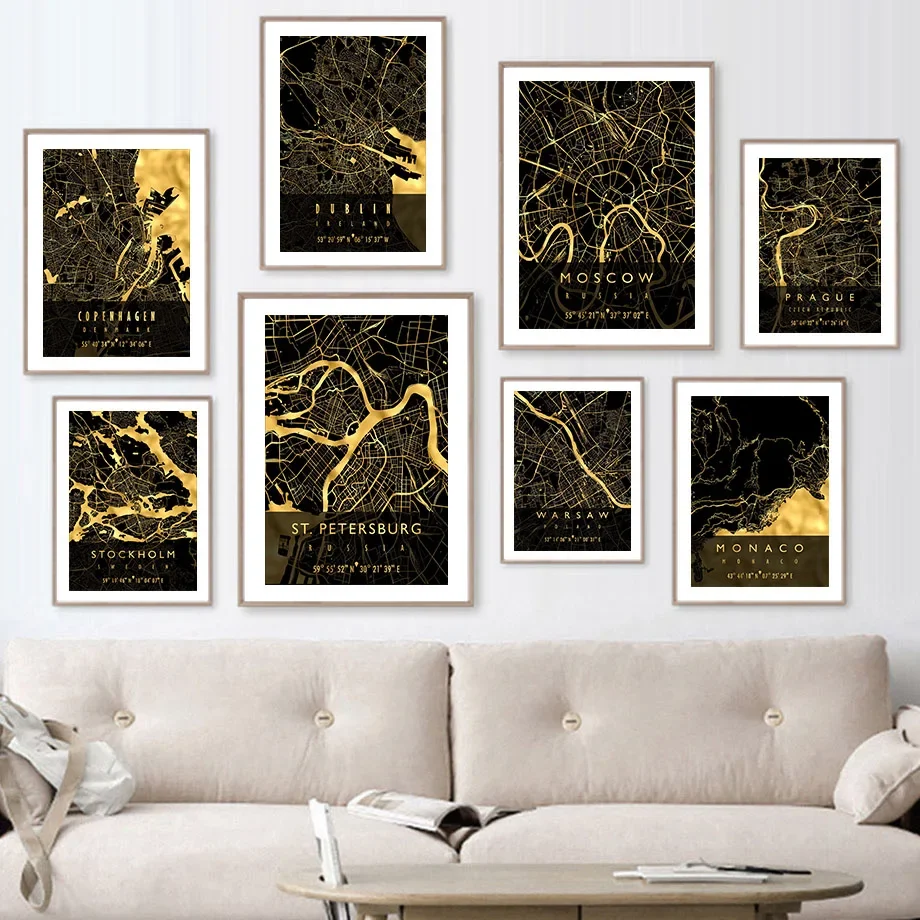 Wall Art Canvas Painting Black Golden Map Russia Norway Poland Posters And Prints Wall Pictures Living Room Home Decoration Bar