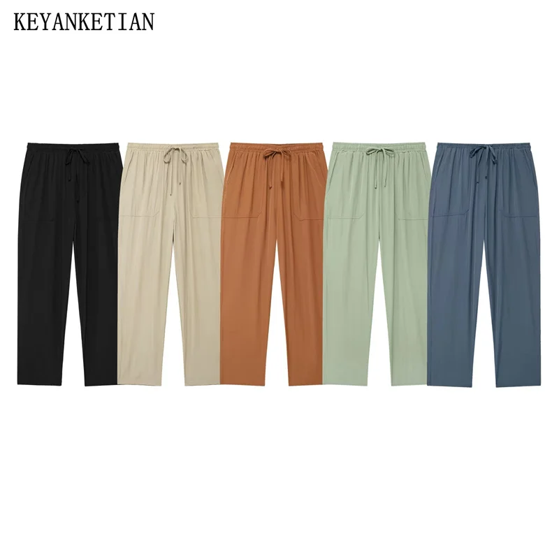 KEYANKETIAN 2024 New Women's Drawstring Lace Up Elastic Waist Straight Pants Simply Pockets Loose Ankle-length Ninth Pants Thin