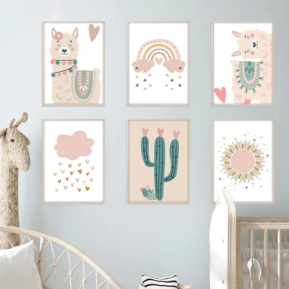 Pink Cloud Sun Poster Cactus Heart Alpaca Art Prints Rainbow Canvas Painting Nursery Print Nordic Wall Pictures Kids Room Decor