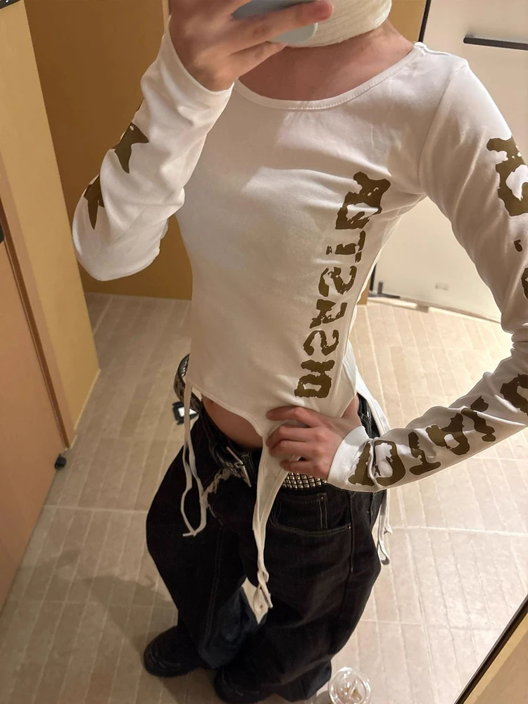 Tonngirls Y2k T-Shirt mit ästhetischem Aufdruck für Damen, langärmelig, unregelmäßige Grafik-Tops, Streetwear, japanische 2000er-Jahre-Vintage-Tops mit Schnürung – Detail 8