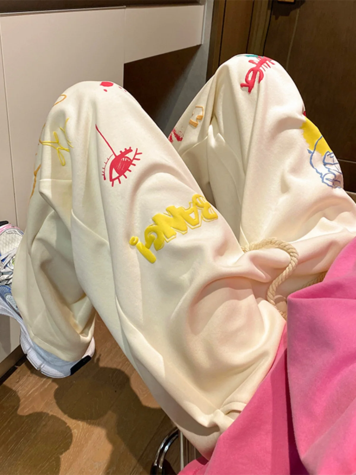 

Loose Straight Leg Men's Spor Fce Dstring Trousers Cartoon Print Casual Long Pants Faionable Hip Hop Sle