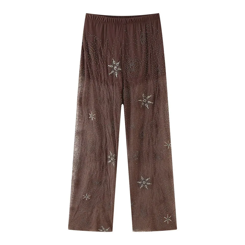 VEITCHE damskie spodnie z cekinowym nadrukiem damskie w pasie szerokie nogawki przepuszczalne spodnie kobiece lato 2025 błyszczące spodnie imprezowe