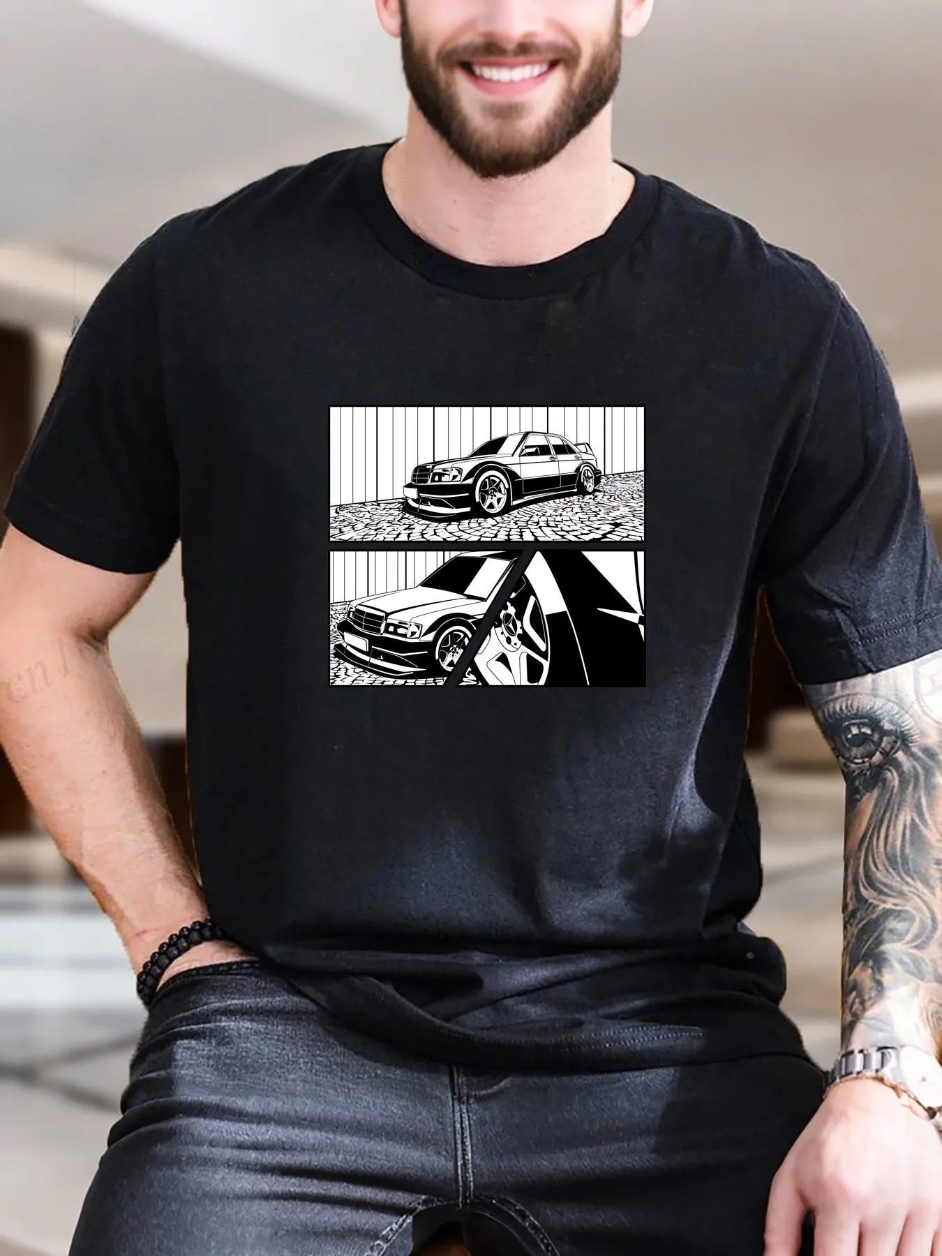 

New Arrival Fashion Men's Graphic Print T-Shirt Black & White Car Drawing with Dog 100% Cotton Soft Casual Tee Trendy Short Sleeve