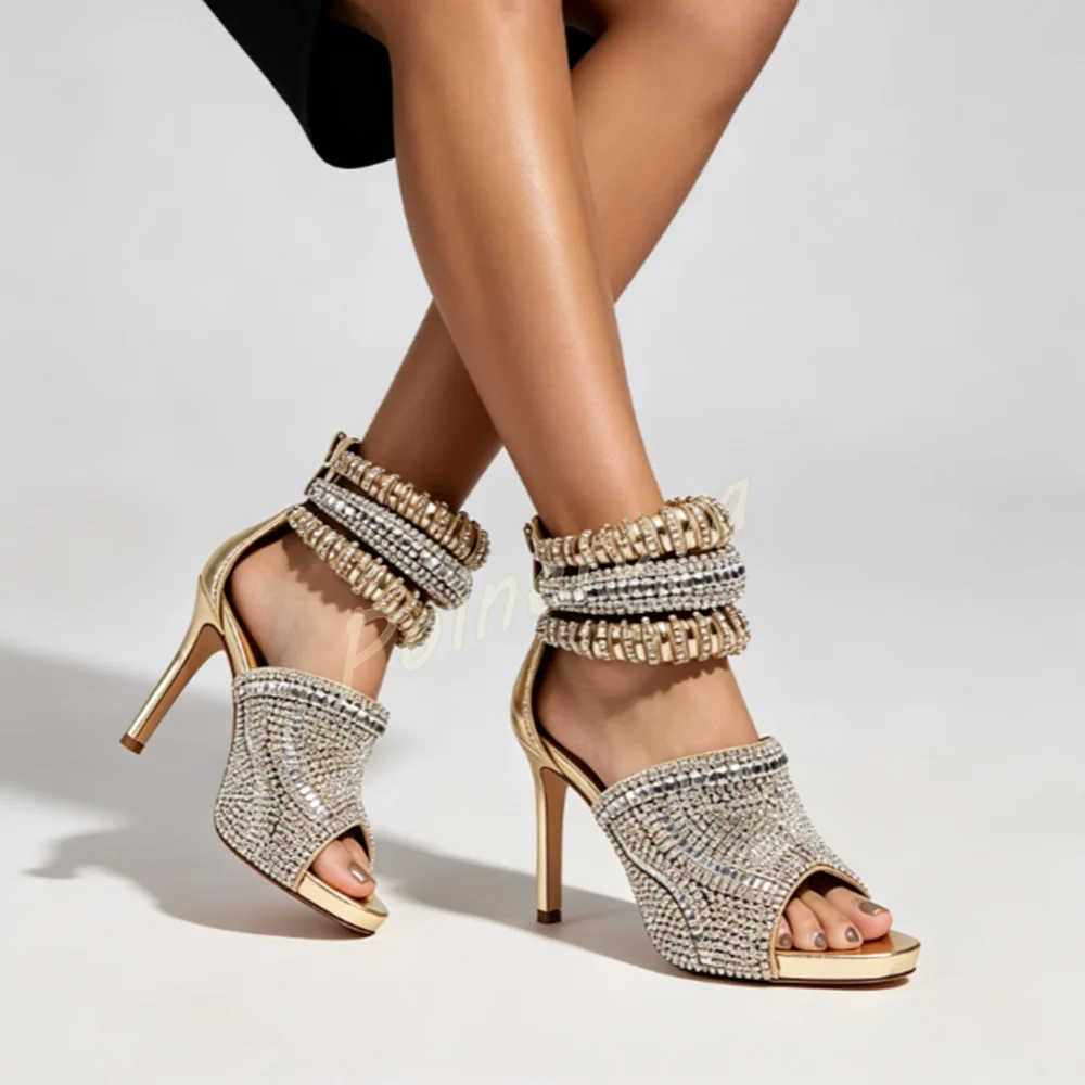 Gold Rhinestone Glitter Sandals Women High Heel Round Toe Multi Layer Ankle Cuff Stiletto Shoes Back Zipper Party Dress Sandals