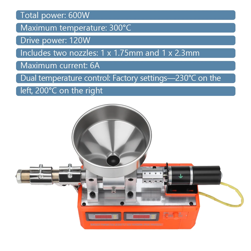Desktop Lab Small Single Screw Plastic Extruder for 3D Printer Filament PLA PETG - Waste Plastic Recycling Machine 1.75mm/2.3mm