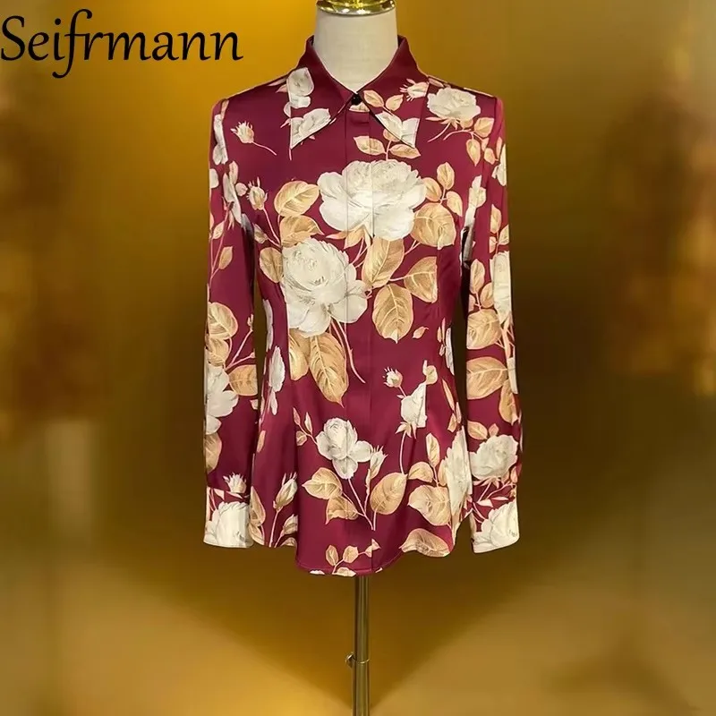 

Seifrmann Silk fabric rose print long sleeved slim fit vacation party camping women's fashionable shirt set