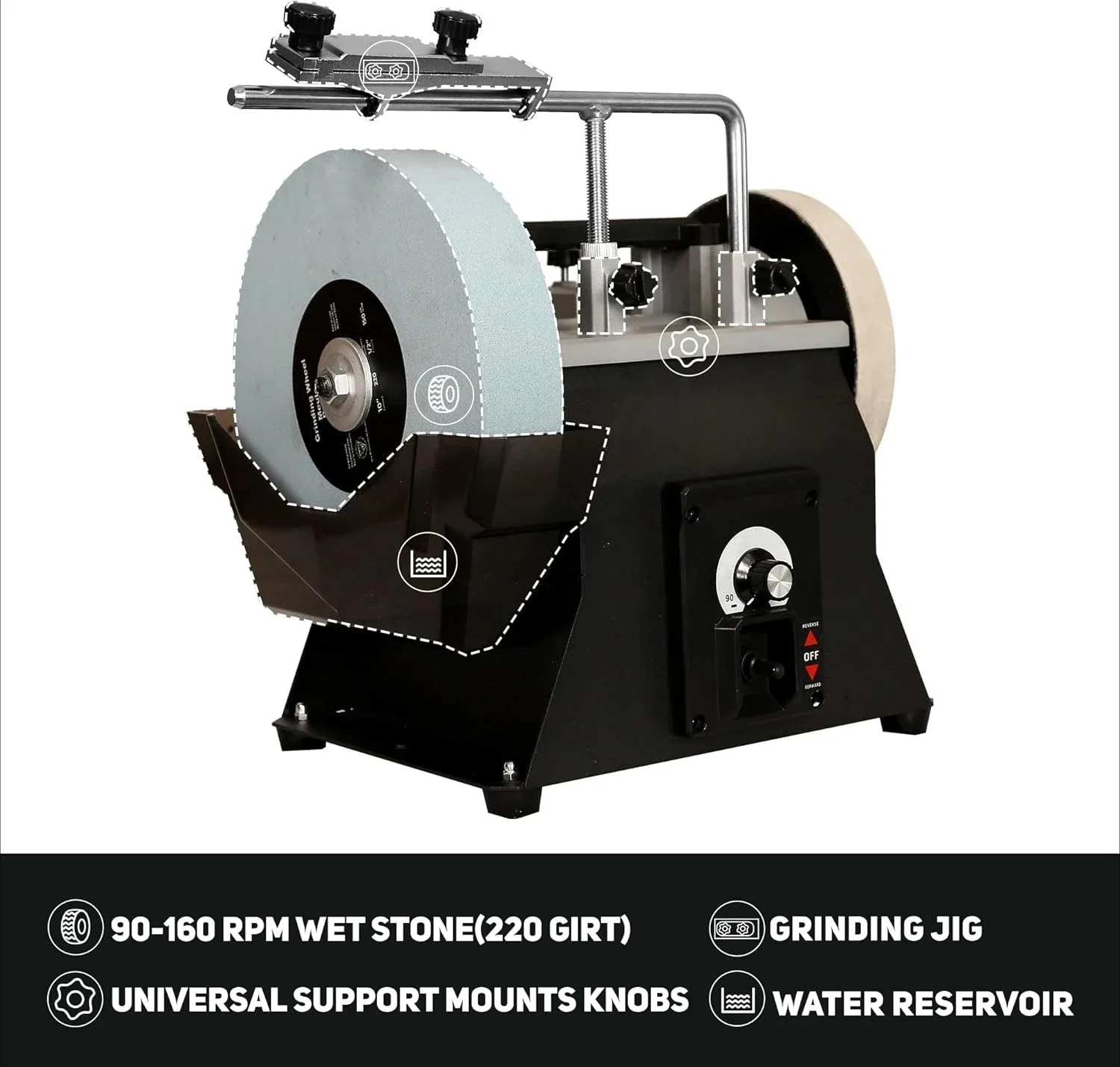 10-Inch Variable Speed Wet Sharpening System, 1.2-Amp Two-Direction Water Cooled Wet Stone Grinder 90-160RPM