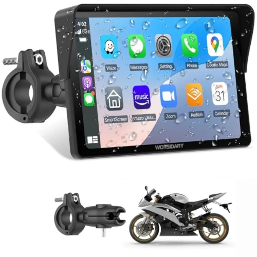 

Motorcycle navigation system, waterproof ABS plastic, black, 7-inch CarPlay Android Auto with light sensor, dual Bluetooth, Sir