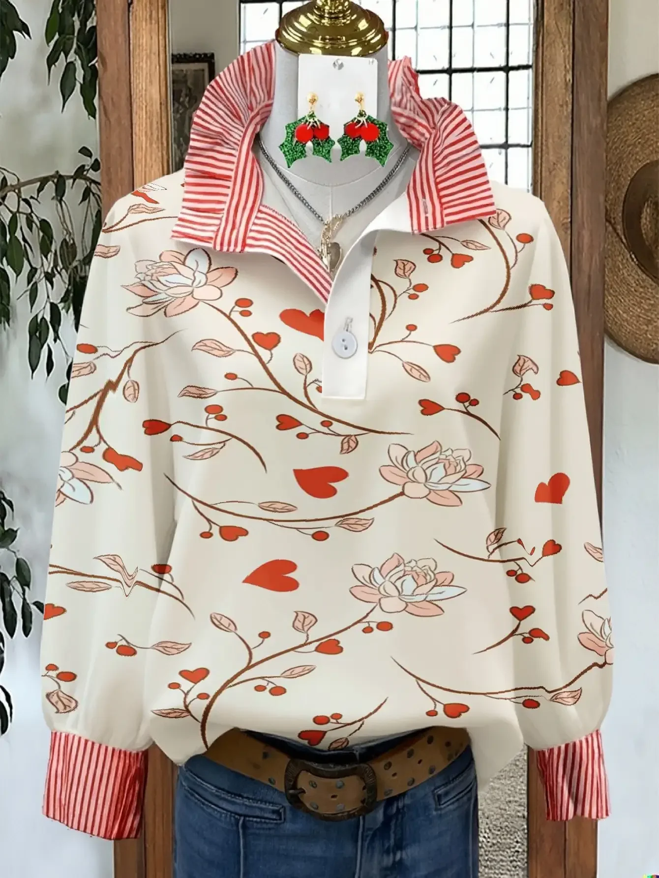 Women's striped personalized fashion shirt, multi-color striped collar, Colorful checkered patchwork clothing