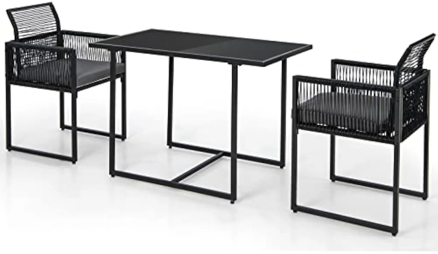 

3-Piece Dining Set with Cushions, Tempered Glass Tabletop, Outdoor Wicker Small Chairs & Table Set for Backyard, Balcony