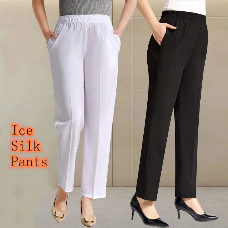 Summer Thin Women's Pants Elastic High Waist Casual Straight Trousers Middle-aged Elderly Mmother Ice Silk Cropped Pantalons 5XL