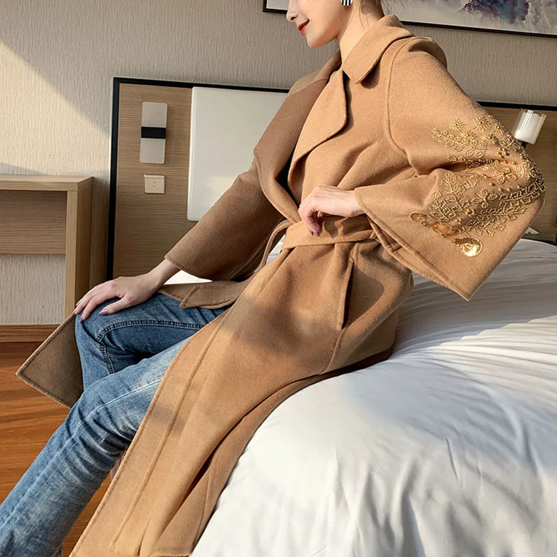 Double-sided Cashmere Coat Female 2023 Autumn Winter New Embroidery Lacing Highend Wool Coat Fashion Elegant Luxury Women Jacket