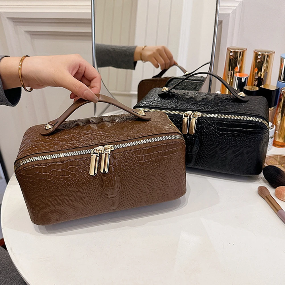 Bolsa de maquillaje con diseño de piel de serpiente, bolsa de cosméticos de cuero PU con asa, organizador de maquillaje, bolsa de almacenamiento de gran capacidad para mujeres y niñas