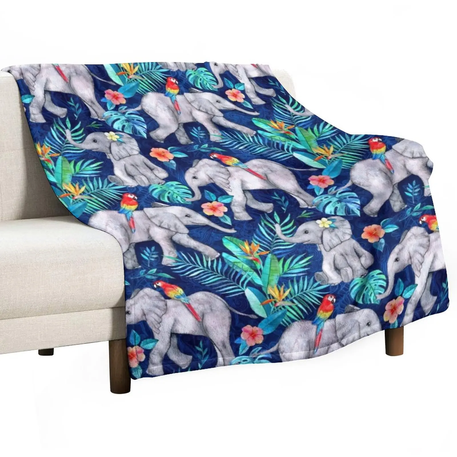 

Elephants and Parrots in Indigo Blue Throw Blanket Sofa Quilt blankets and blankets