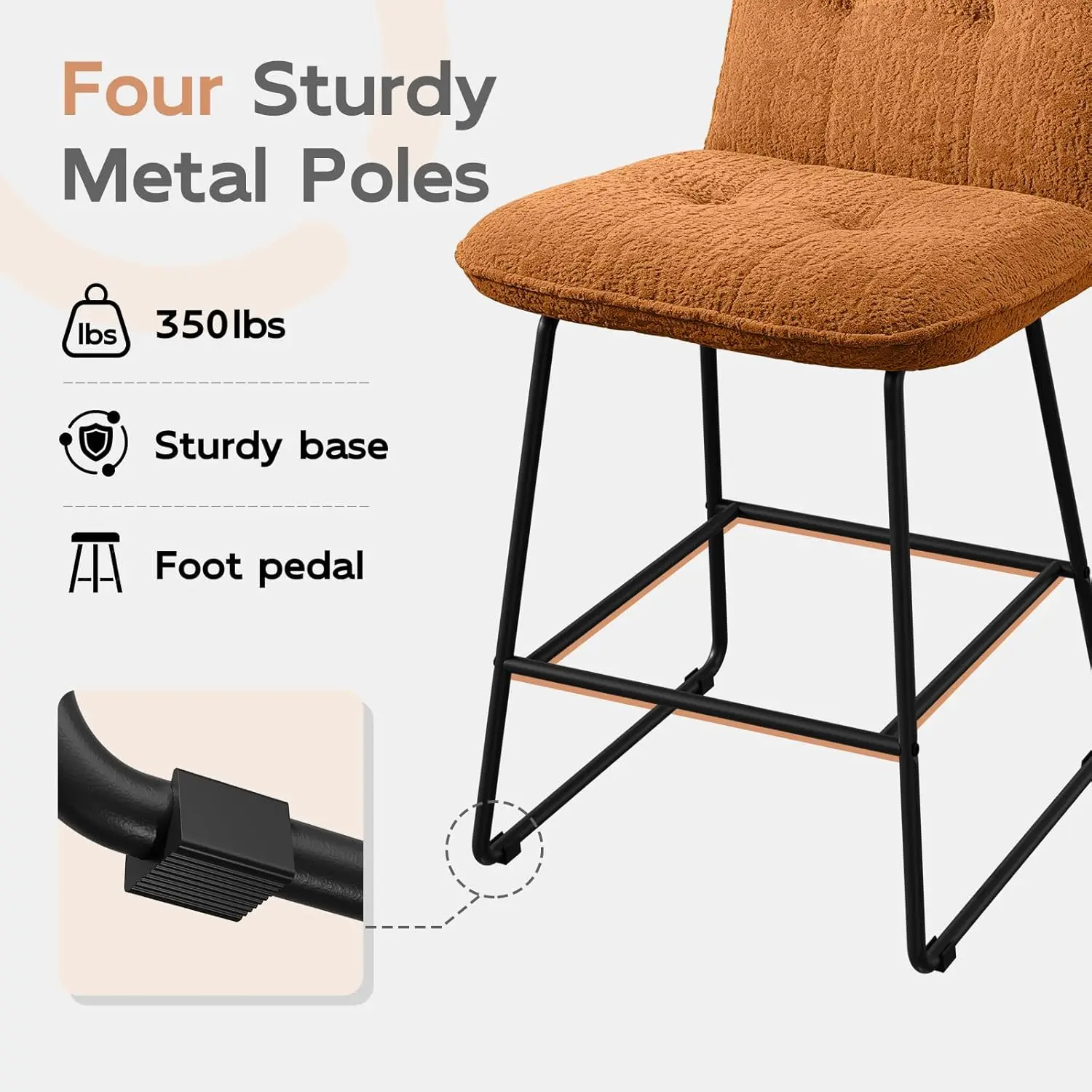 Brown Bar Stools Set Of 2, 26 Inch Counter Height Bar Stools With Back, Wide Seat Fabric Modern Barstools For Kitchen Island Wit