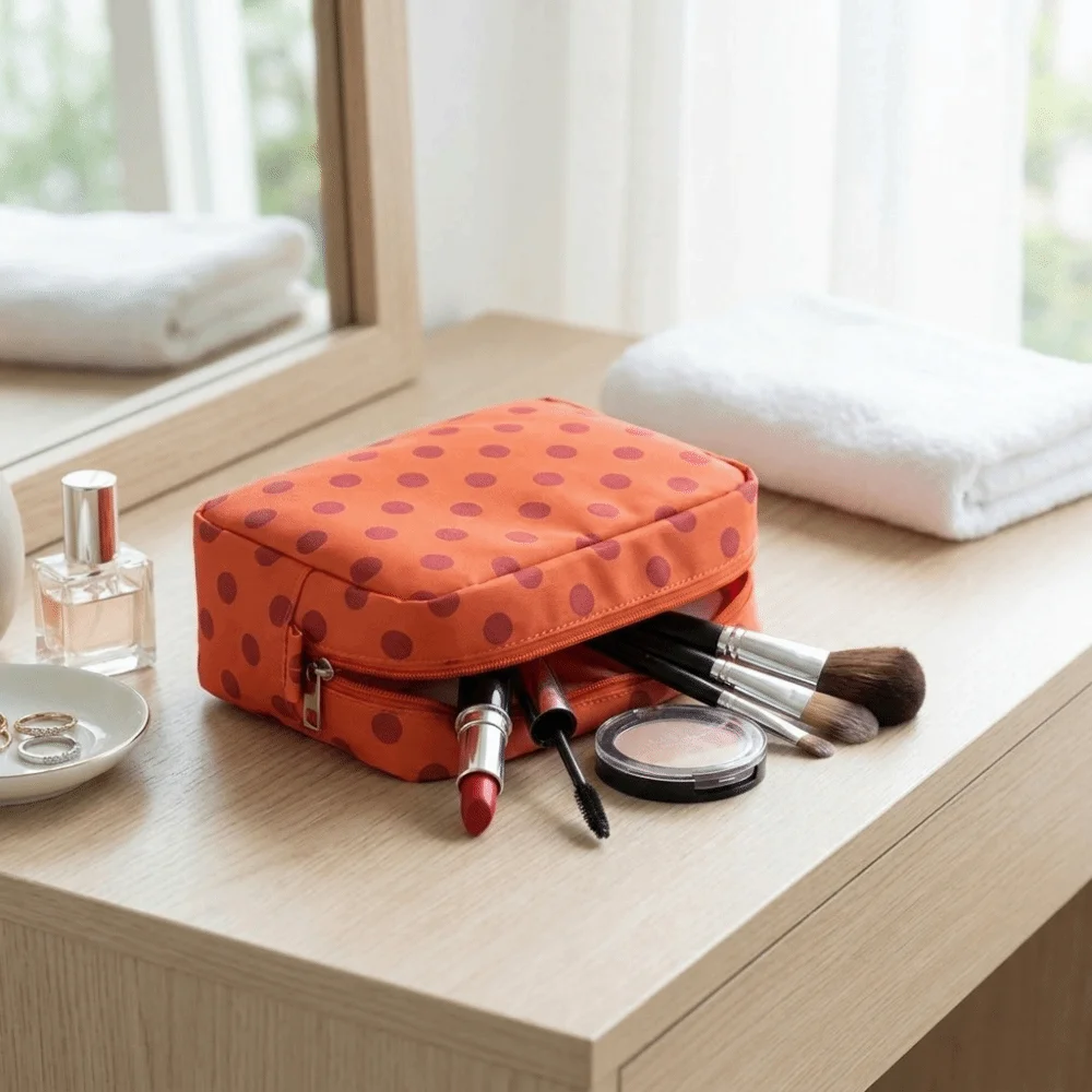 Waterproof Polka Dot Toiletry Bag Zipper Pouch Polyester Cosmetic Storage Bag Large Capacity Vintage Makeup Organizer Bag