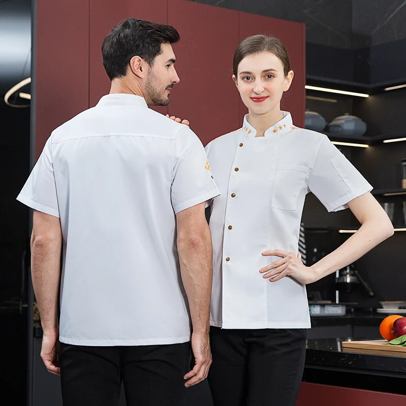 Chef Jacket Apron Short Sleeve Uniform Cook Coat Chef T-shirt Baker Work Uniform Waiter Restaurant Hotel Clothes Men women Logo