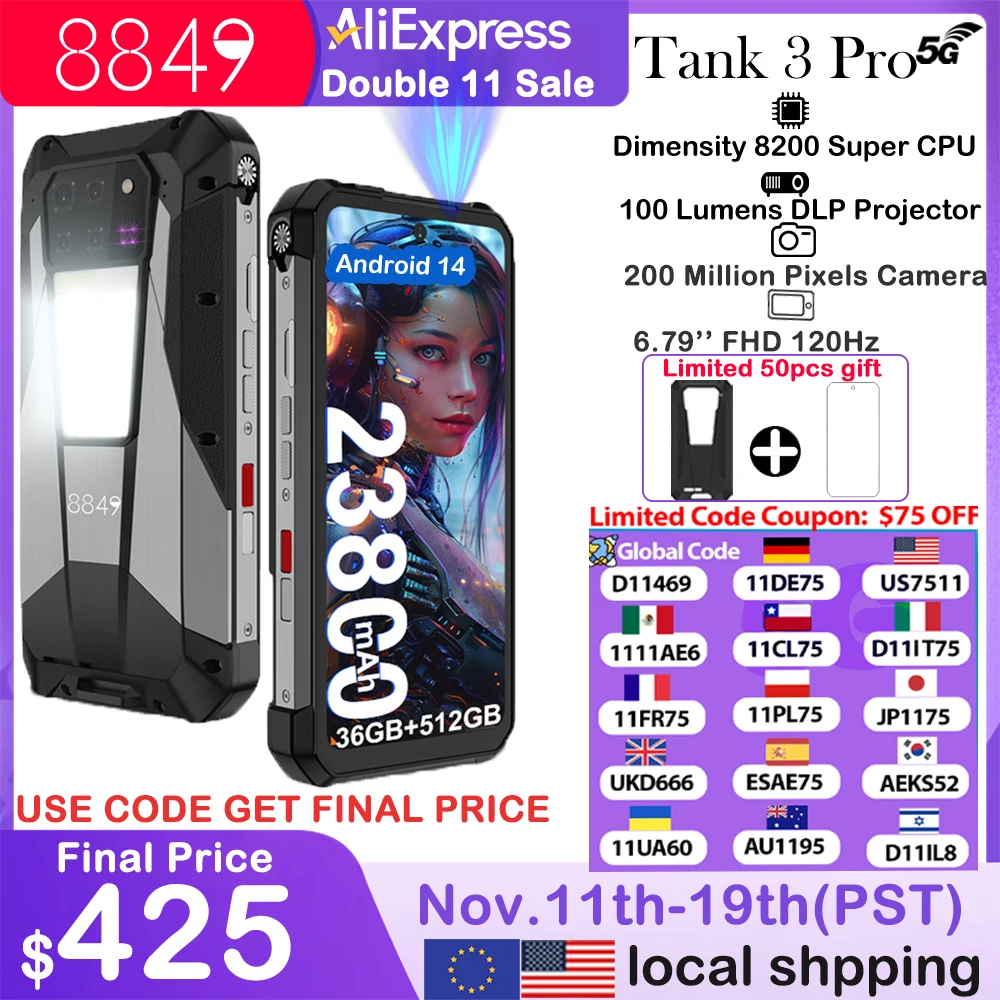 8849 Tank 3 Pro Unihertz Rugged Smartphone 5G with 100 Lumens Projector 32/36GB 512GB 23800mAh Android 14 Cell Phones Dual Sim