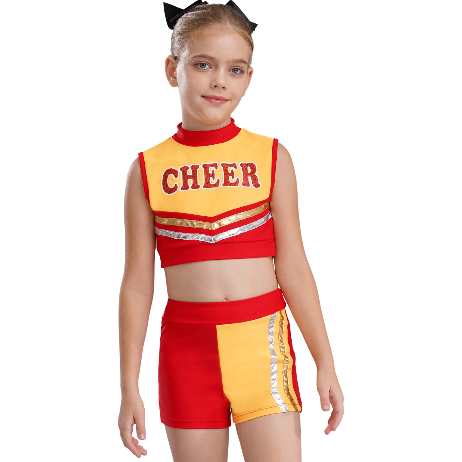 

Girls Cheerleading Uniform Halloween Cheerleader Costume Letters Printed Crop Top with Shorts for Cheer Dance Stage Performance